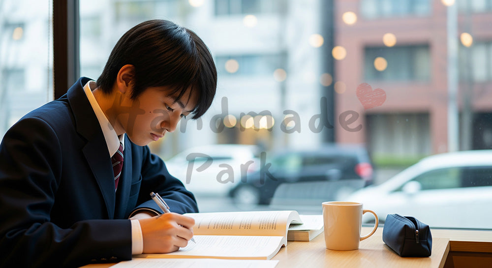 フリー素材 無料 写真｜カフェの窓際で参考書とノートに向かう日本人高校生の自習シーン 写真背景