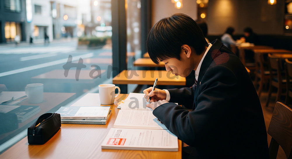 フリー素材 無料 写真｜カフェの窓際で参考書とノートに向かう日本人高校生の自習シーン 背景素材