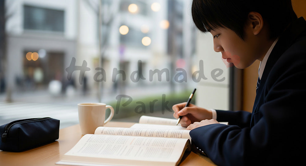 フリー素材 無料 写真｜カフェの窓際で参考書とノートに向かう日本人高校生の自習シーン