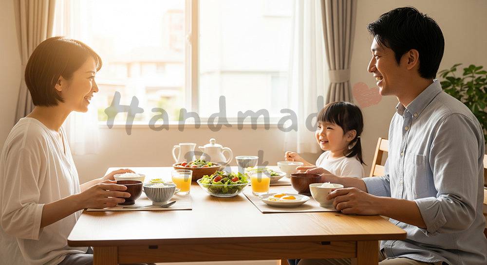 フリー素材 無料 写真｜朝食を囲んで会話を楽しむ日本人家族のダイニングシーン 余白あり