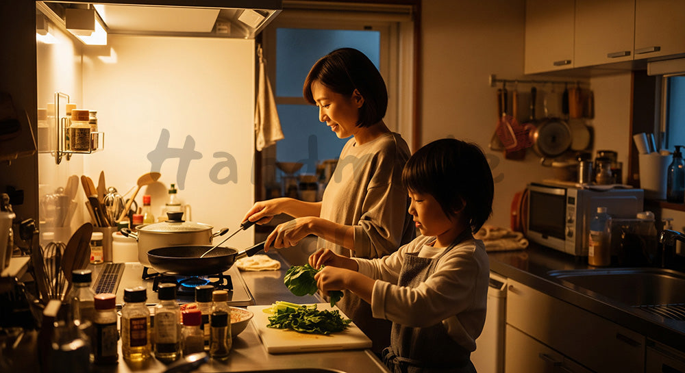 フリー素材 無料 写真｜キッチンで夕食づくりを一緒に楽しむ日本人母子のクッキングシーン 余白あり
