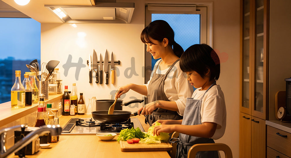 フリー素材 無料 写真｜キッチンで夕食づくりを一緒に楽しむ日本人母子のクッキングシーン 写真背景
