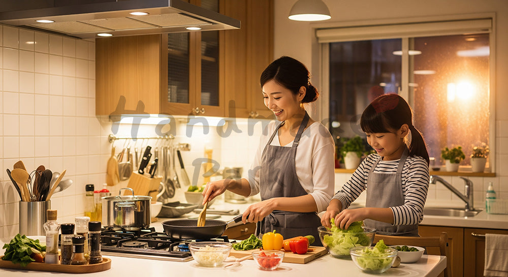 フリー素材 無料 写真｜キッチンで夕食づくりを一緒に楽しむ日本人母子のクッキングシーン