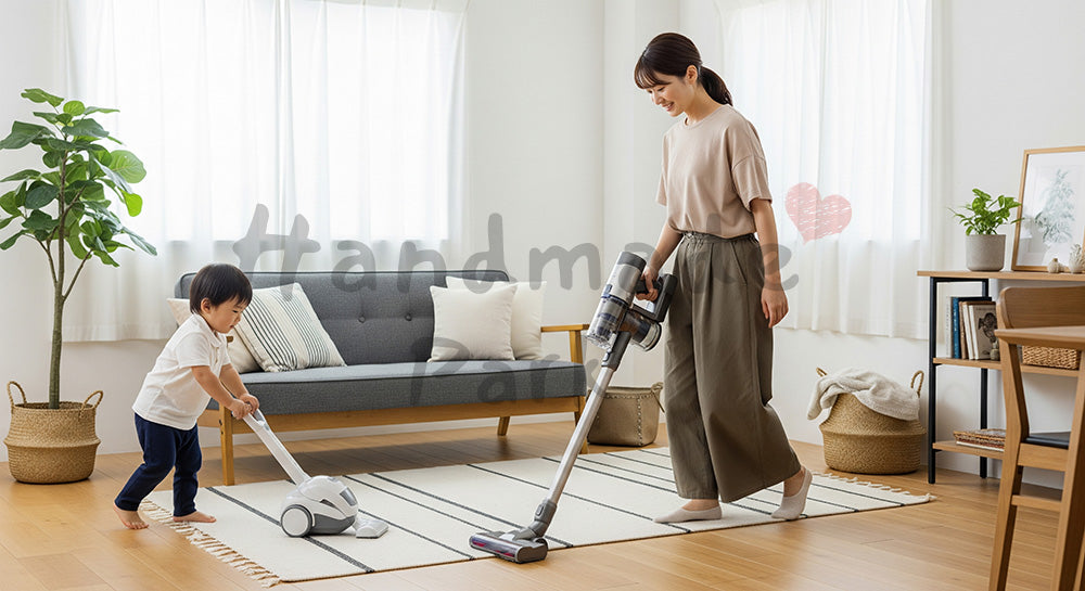 フリー素材 無料 写真｜リビングで掃除機をかける日本人母親と真似をする幼児の家事シーン 余白あり