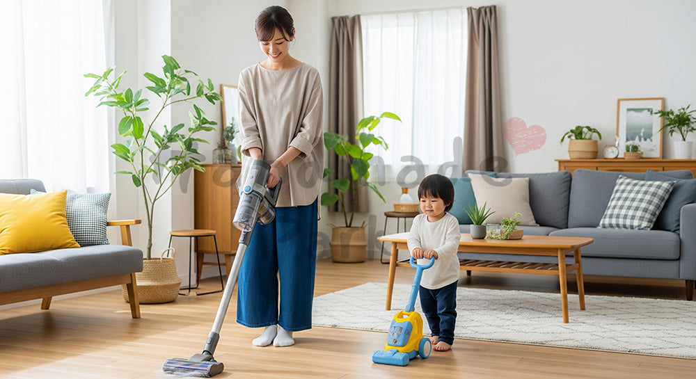 フリー素材 無料 写真｜リビングで掃除機をかける日本人母親と真似をする幼児の家事シーン 背景素材