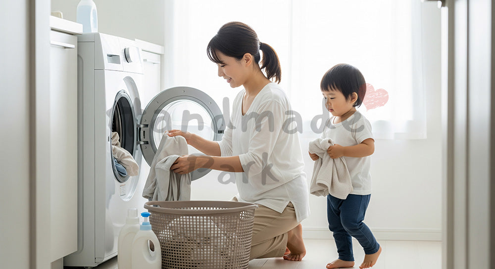 フリー素材 無料 写真｜洗面所で洗濯物を運ぶ日本人母子のランドリーシーン 余白あり