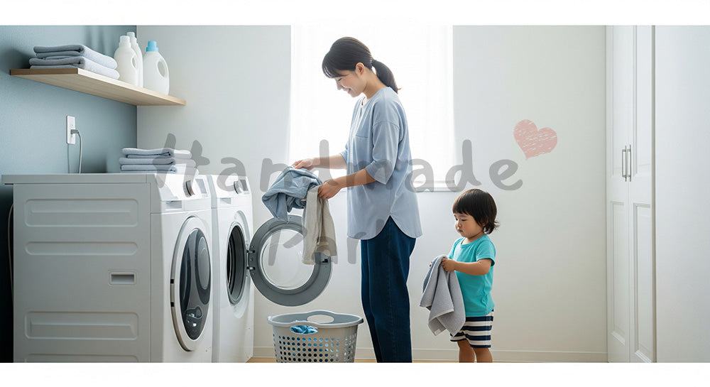 フリー素材 無料 写真｜洗面所で洗濯物を運ぶ日本人母子のランドリーシーン