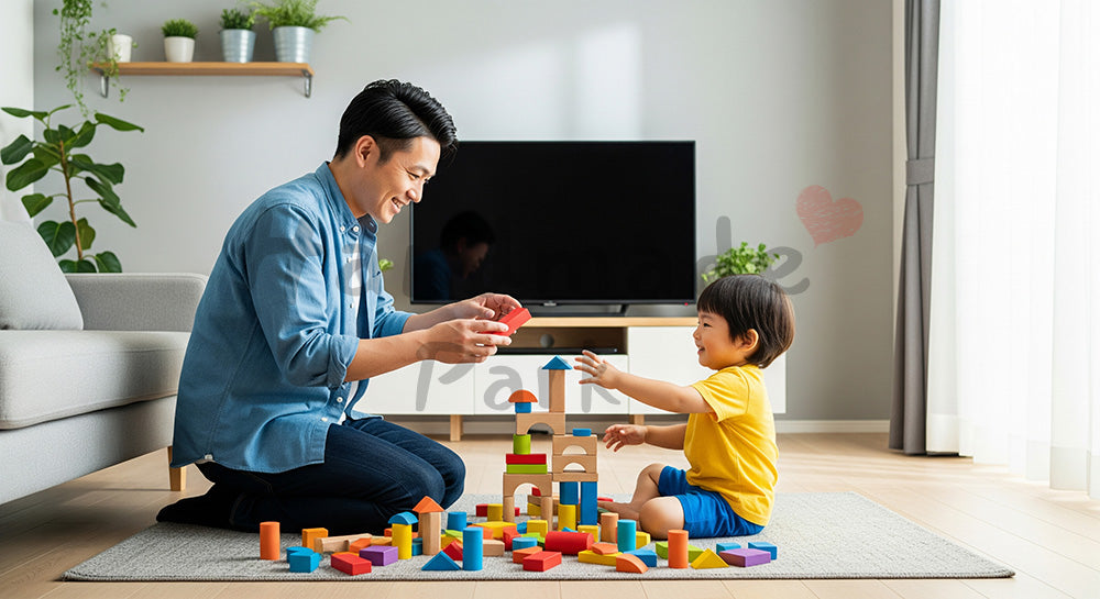 フリー素材 無料 写真｜リビングで積み木遊びを楽しむ日本人父親と幼児の子育てシーン 写真背景