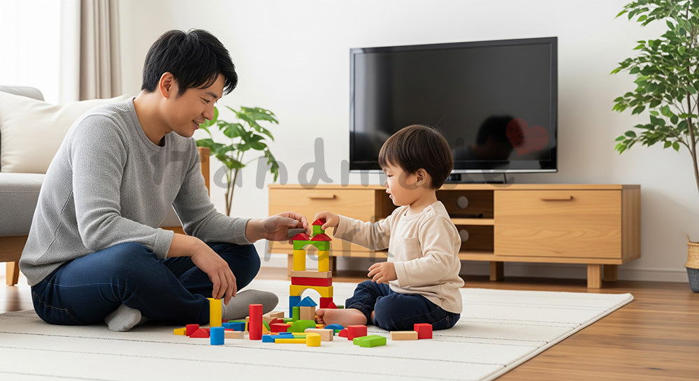 フリー素材 無料 写真｜リビングで積み木遊びを楽しむ日本人父親と幼児の子育てシーン 背景素材