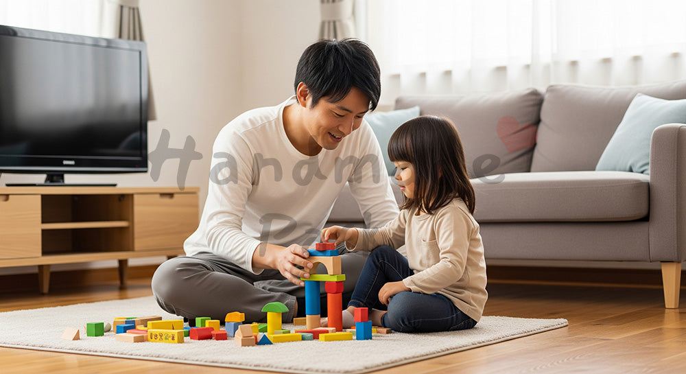 フリー素材 無料 写真｜リビングで積み木遊びを楽しむ日本人父親と幼児の子育てシーン