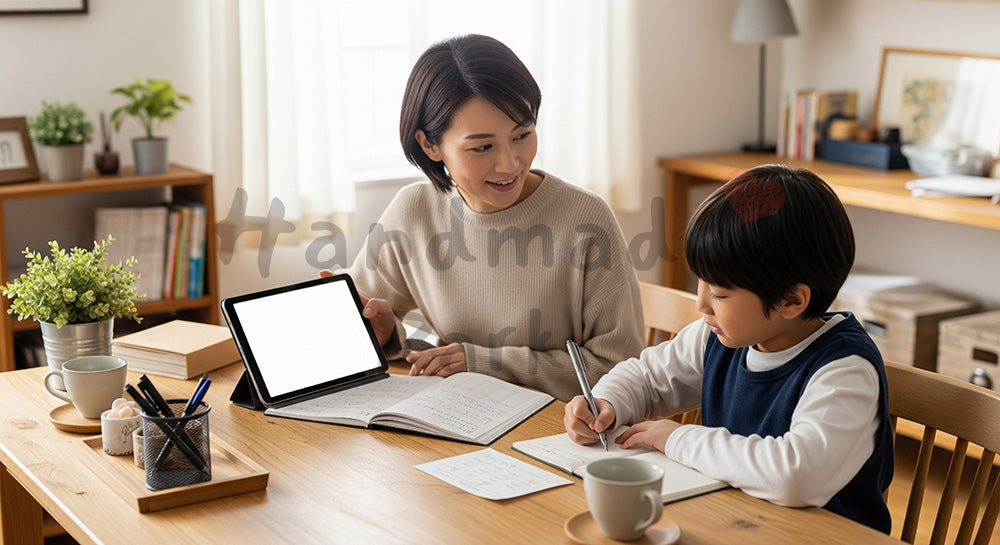 フリー素材 無料 写真｜ダイニングで家計簿とおこづかい帳をつける日本人母子のマネー学習 余白あり