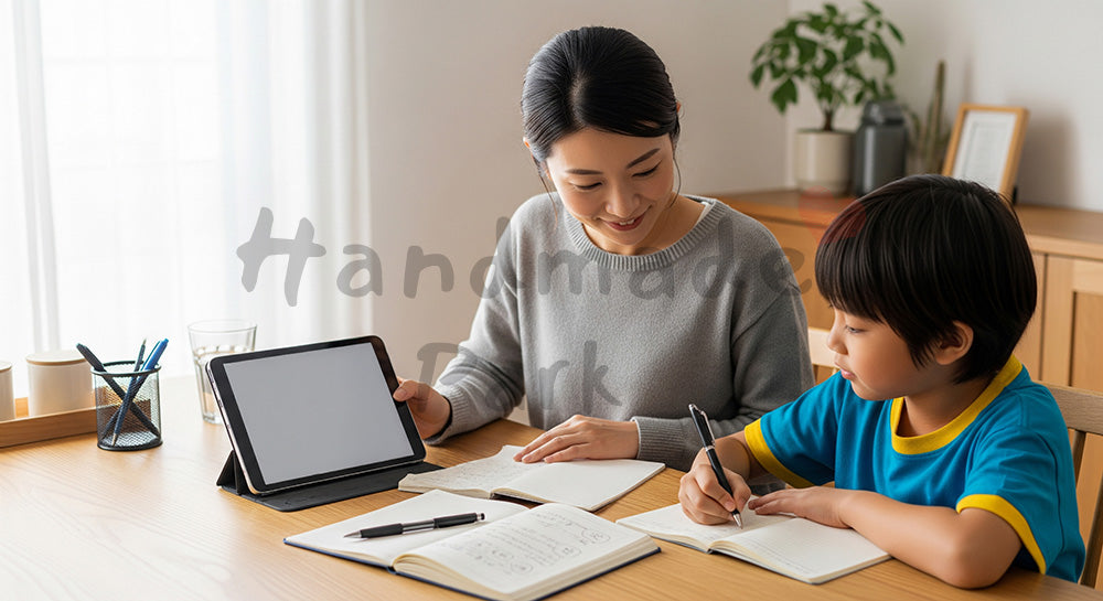 フリー素材 無料 写真｜ダイニングで家計簿とおこづかい帳をつける日本人母子のマネー学習 写真背景