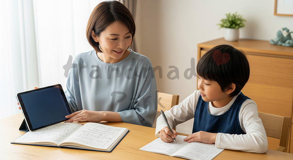 フリー素材 無料 写真｜ダイニングで家計簿とおこづかい帳をつける日本人母子のマネー学習