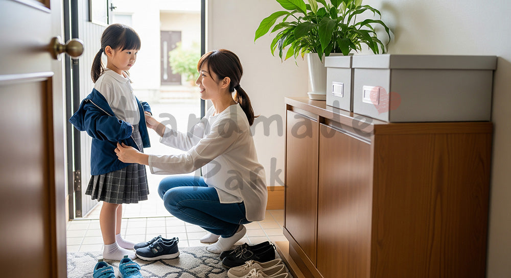 フリー素材 無料 写真｜玄関で幼い子どもの靴と上着を整える日本人母親の登園準備シーン 写真背景