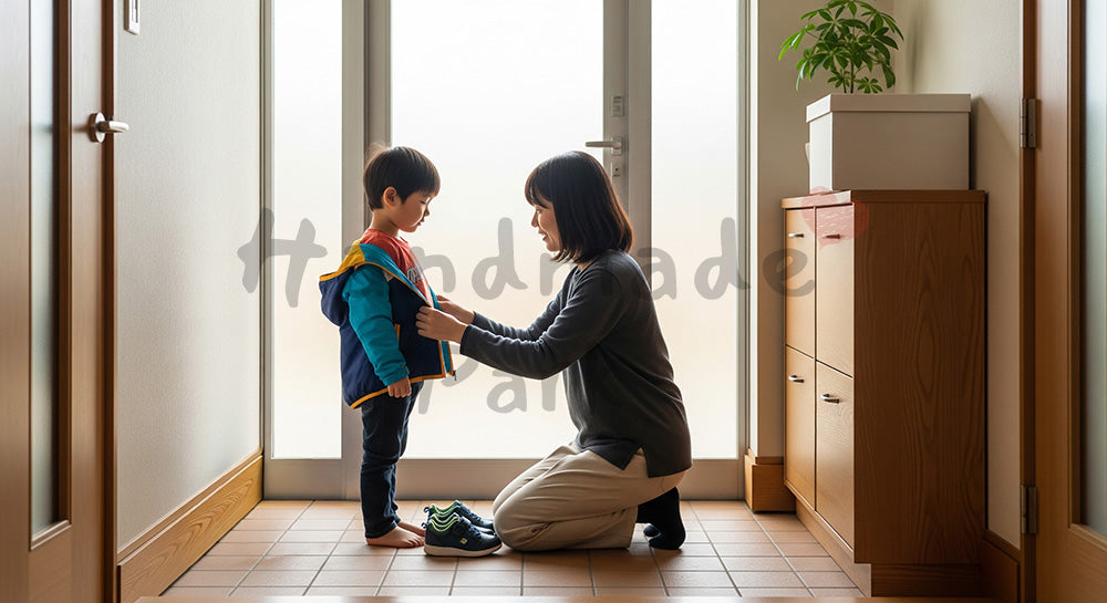 フリー素材 無料 写真｜玄関で幼い子どもの靴と上着を整える日本人母親の登園準備シーン 背景素材