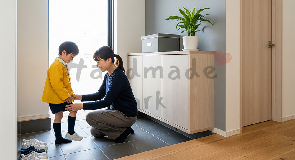 フリー素材 無料 写真｜玄関で幼い子どもの靴と上着を整える日本人母親の登園準備シーン