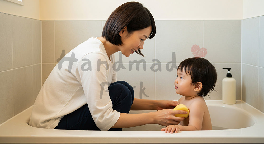 フリー素材 無料 写真｜お風呂で幼児の体をやさしく洗う日本人母親の入浴介助シーン 余白あり