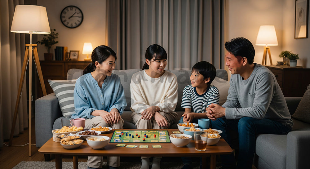 フリー素材 無料 写真｜夜のリビングでお菓子を囲み家族団らんを楽しむ日本人家族 写真背景