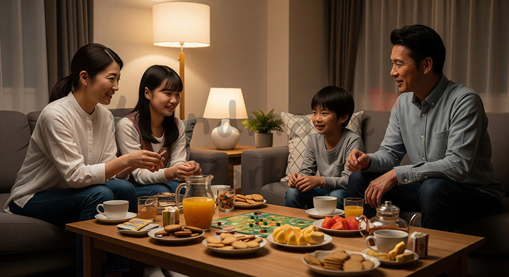 フリー素材 無料 写真｜夜のリビングでお菓子を囲み家族団らんを楽しむ日本人家族 背景素材