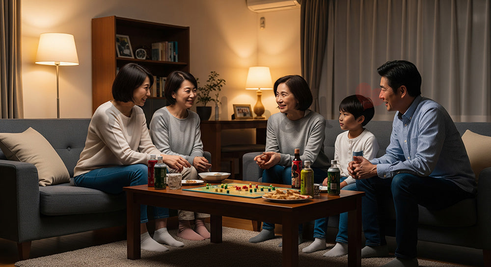 フリー素材 無料 写真｜夜のリビングでお菓子を囲み家族団らんを楽しむ日本人家族