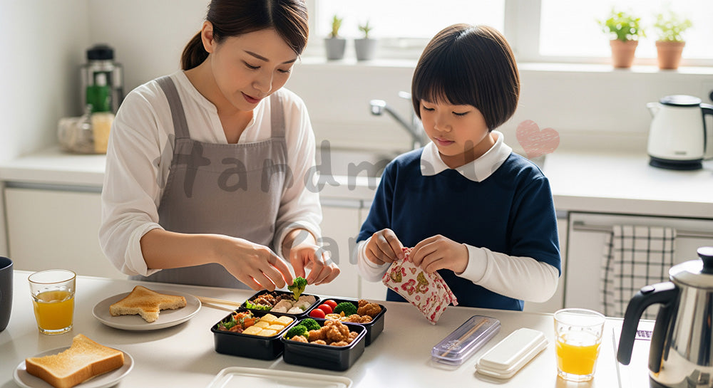 フリー素材 無料 写真｜キッチンで子どものお弁当を準備する日本人母親と身支度をする小学生 余白あり
