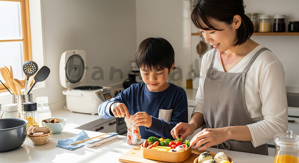 フリー素材 無料 写真｜キッチンで子どものお弁当を準備する日本人母親と身支度をする小学生