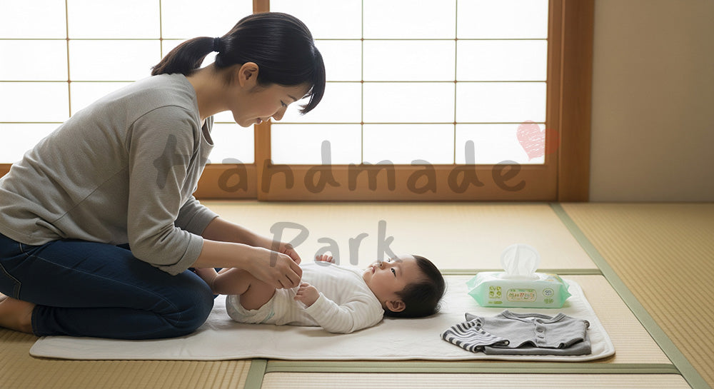 フリー素材 無料 写真｜和室で赤ちゃんのおむつ替えをする日本人母親の育児シーン 余白あり
