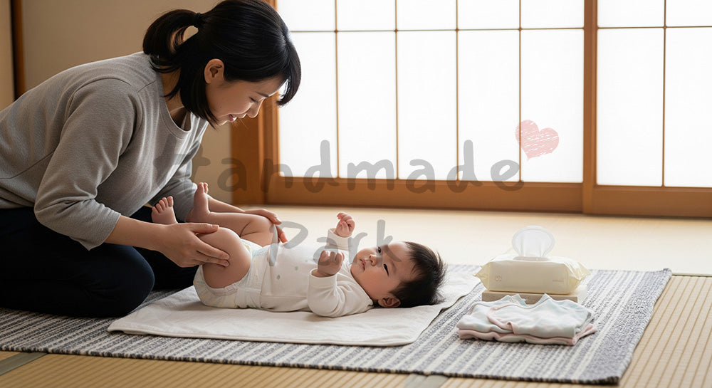 フリー素材 無料 写真｜和室で赤ちゃんのおむつ替えをする日本人母親の育児シーン 写真背景