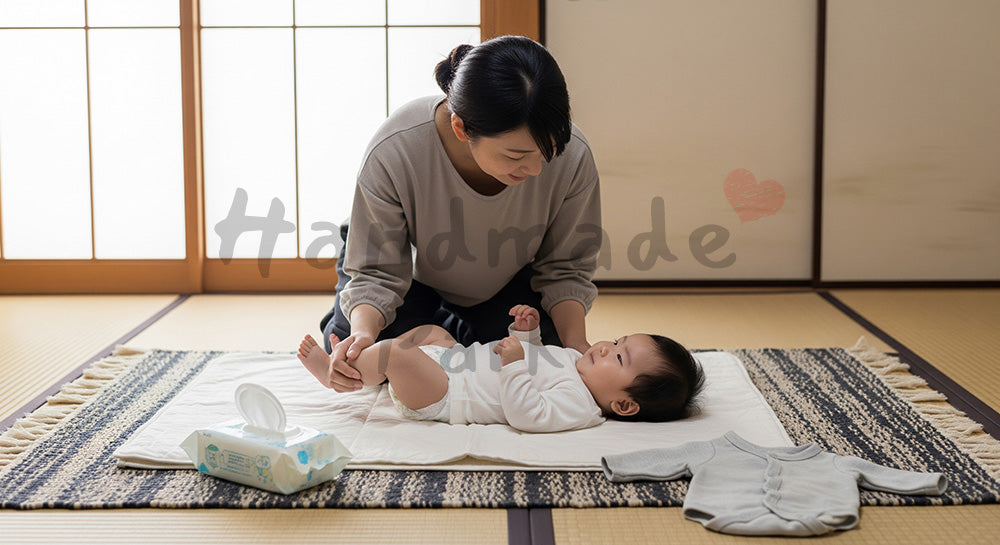 フリー素材 無料 写真｜和室で赤ちゃんのおむつ替えをする日本人母親の育児シーン 背景素材