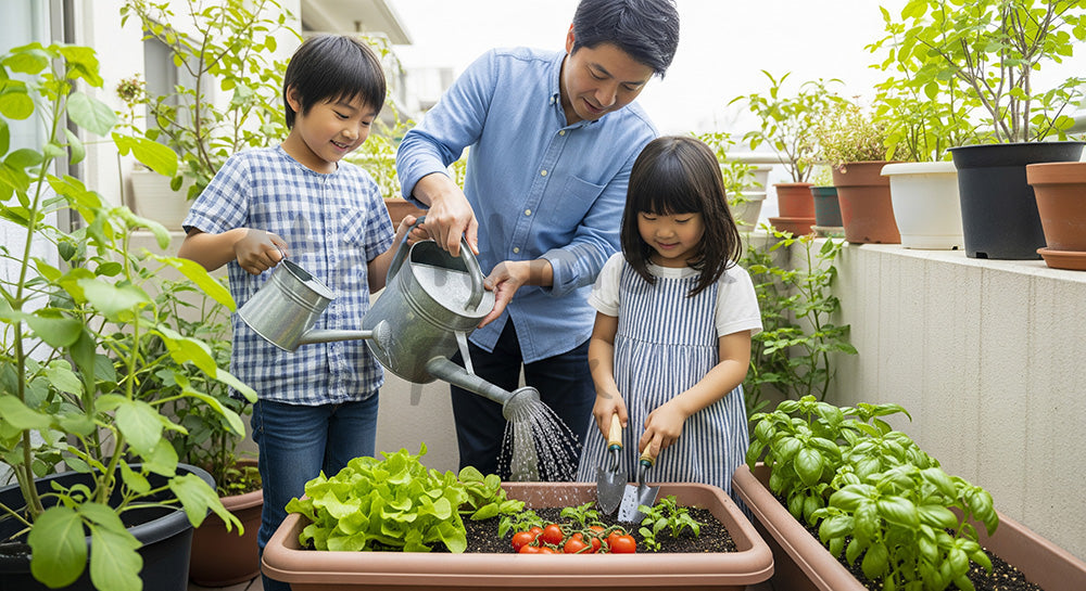 フリー素材 無料 写真｜家庭菜園のプランターに親子で水やりをする日本人家族