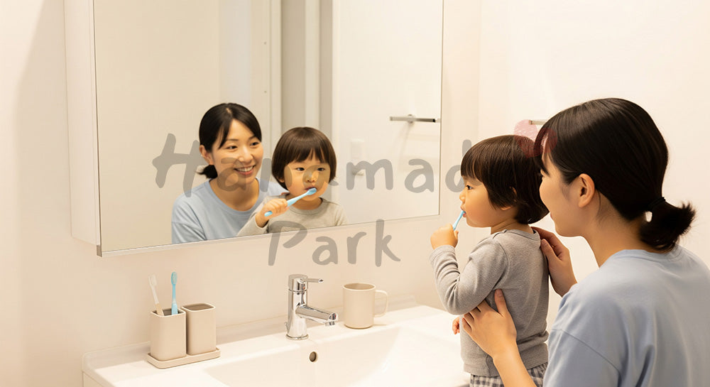 フリー素材 無料 写真｜洗面台の前で幼児の歯みがきをサポートする日本人母親の生活シーン 写真背景