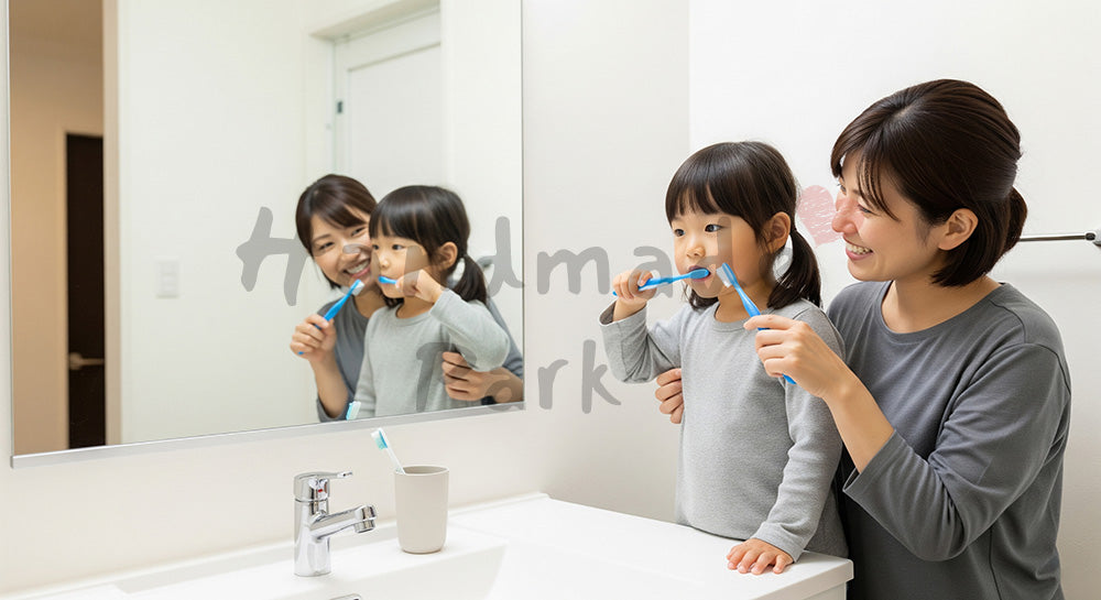 フリー素材 無料 写真｜洗面台の前で幼児の歯みがきをサポートする日本人母親の生活シーン 背景素材