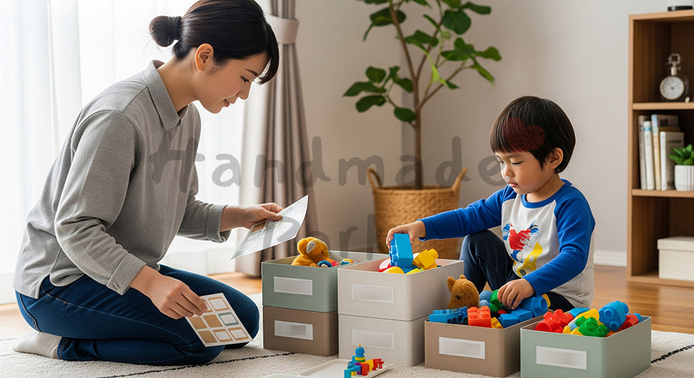 フリー素材 無料 写真｜おもちゃを収納ボックスに片づける日本人母子のリビング整理シーン 余白あり