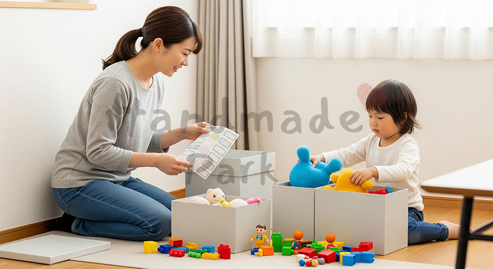 フリー素材 無料 写真｜おもちゃを収納ボックスに片づける日本人母子のリビング整理シーン 背景素材