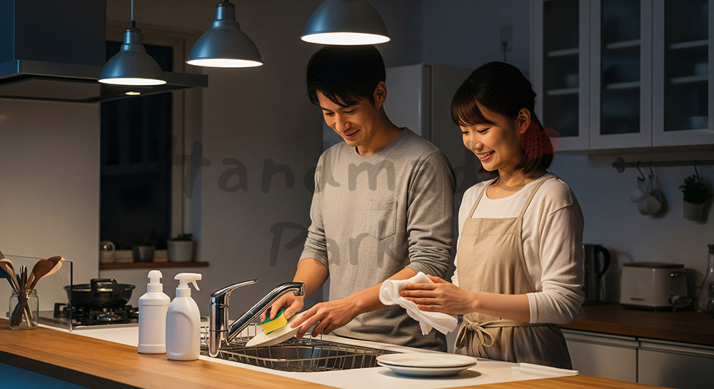 フリー素材 無料 写真｜夜のキッチンで皿洗いと食器拭きを分担する日本人夫婦の家事シェア 余白あり