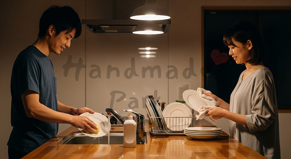 フリー素材 無料 写真｜夜のキッチンで皿洗いと食器拭きを分担する日本人夫婦の家事シェア 背景素材
