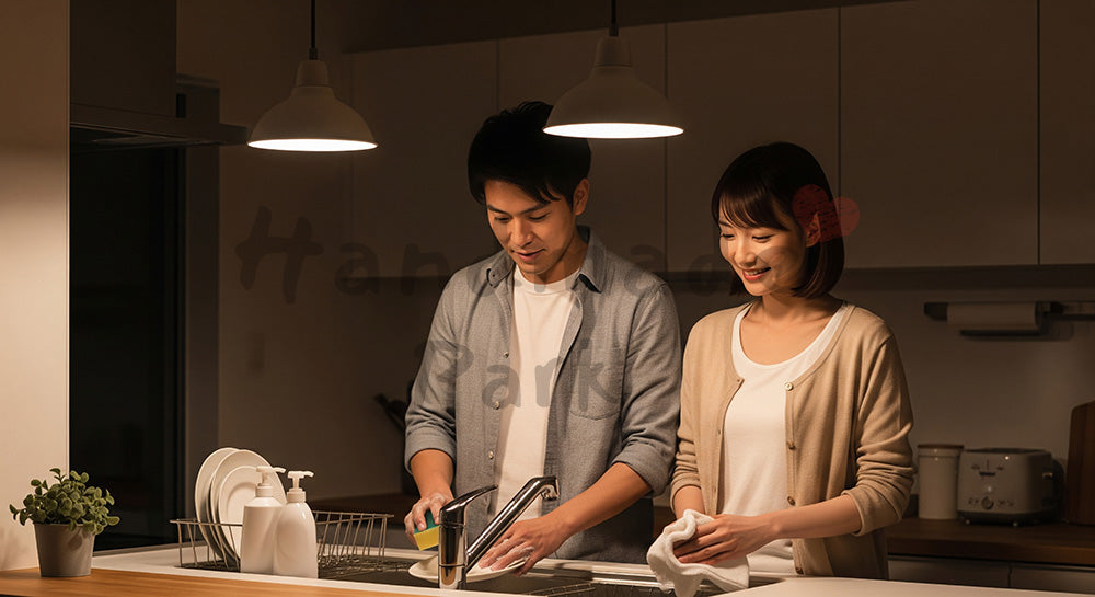 フリー素材 無料 写真｜夜のキッチンで皿洗いと食器拭きを分担する日本人夫婦の家事シェア