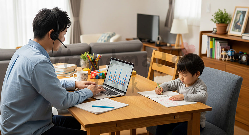 フリー素材 無料 写真｜ダイニングで在宅勤務をする日本人親と横でお絵かきをする幼児のシーン 写真背景