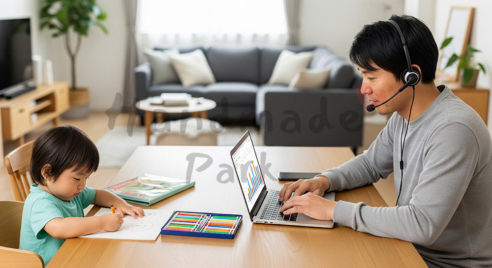 フリー素材 無料 写真｜ダイニングで在宅勤務をする日本人親と横でお絵かきをする幼児のシーン 背景素材