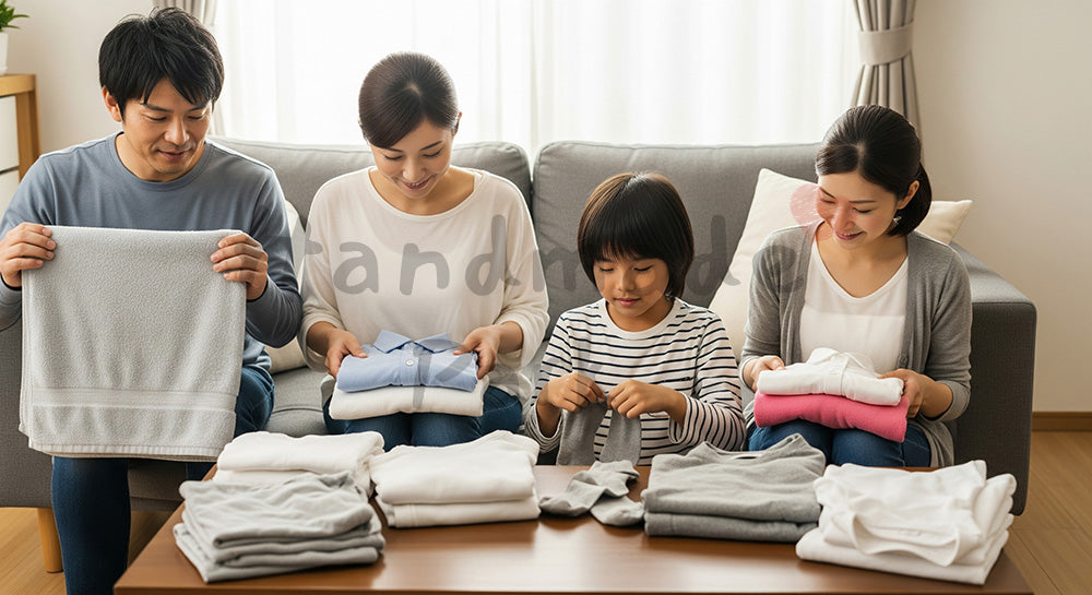 フリー素材 無料 写真｜リビングで洗濯物を家族みんなでたたむ日本人家族のランドリーシーン 余白あり