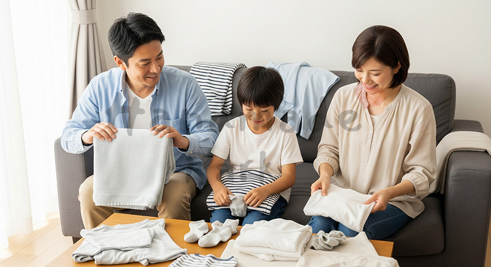 フリー素材 無料 写真｜リビングで洗濯物を家族みんなでたたむ日本人家族のランドリーシーン 写真背景