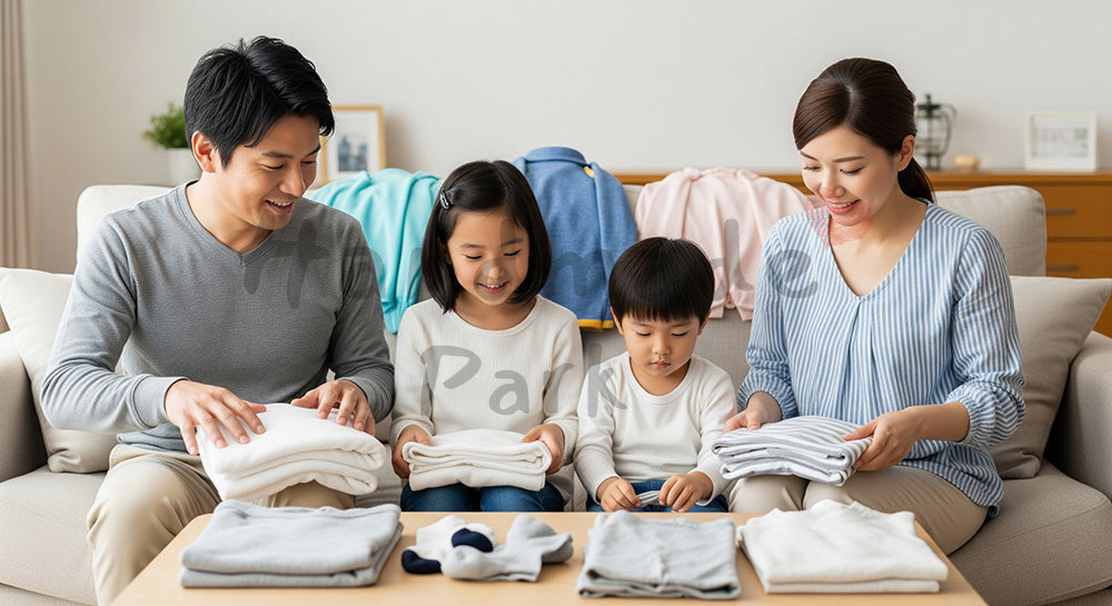 フリー素材 無料 写真｜リビングで洗濯物を家族みんなでたたむ日本人家族のランドリーシーン 背景素材