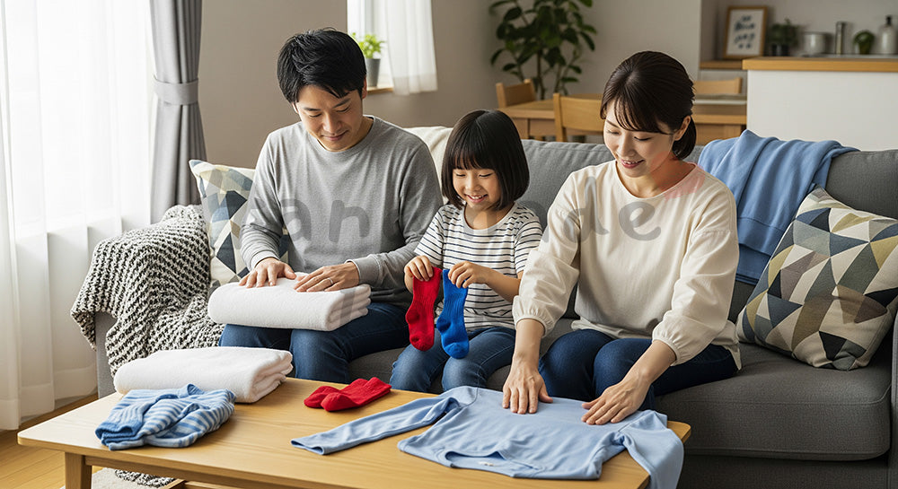 フリー素材 無料 写真｜リビングで洗濯物を家族みんなでたたむ日本人家族のランドリーシーン