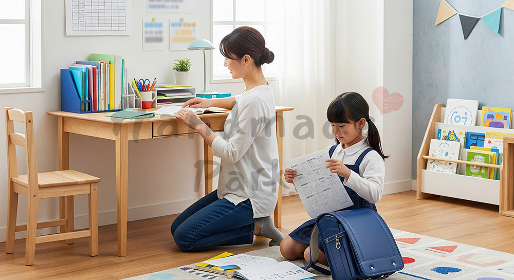 フリー素材 無料 写真|子ども部屋で学習机まわりのプリントを整理する日本人母子のシーン