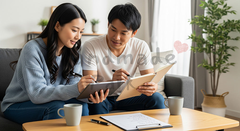 フリー素材 無料 写真｜ソファで家事分担表を見ながら話し合う日本人夫婦のライフスタイルシーン 写真背景