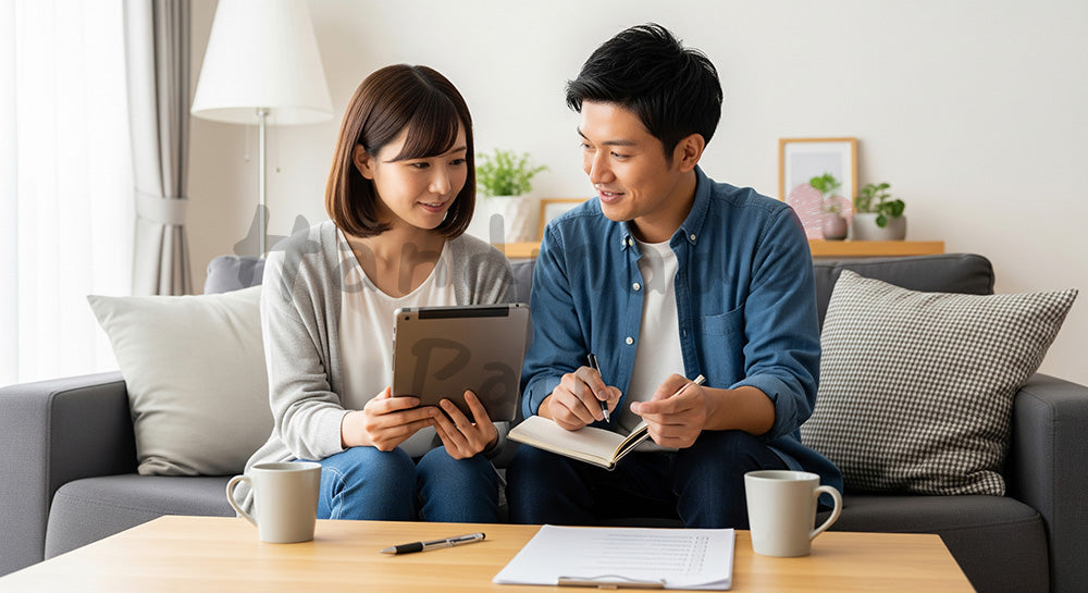 フリー素材 無料 写真｜ソファで家事分担表を見ながら話し合う日本人夫婦のライフスタイルシーン 背景素材
