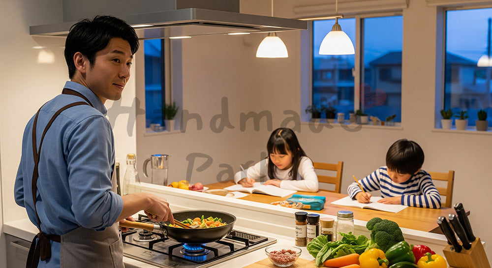 フリー素材 無料 写真｜キッチンで夕食を作りながらダイニングの子どもを見守る日本人父親 背景素材