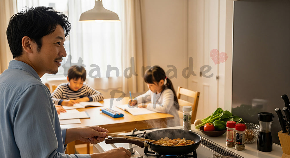 フリー素材 無料 写真｜キッチンで夕食を作りながらダイニングの子どもを見守る日本人父親