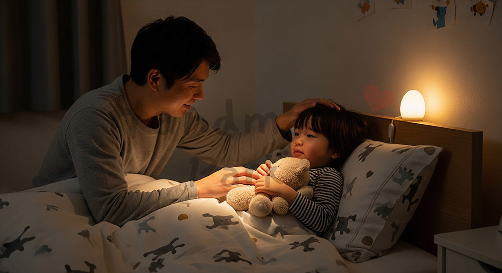フリー素材 無料 写真｜子ども部屋で幼児をやさしく寝かしつける日本人親のナイトタイムシーン 余白あり