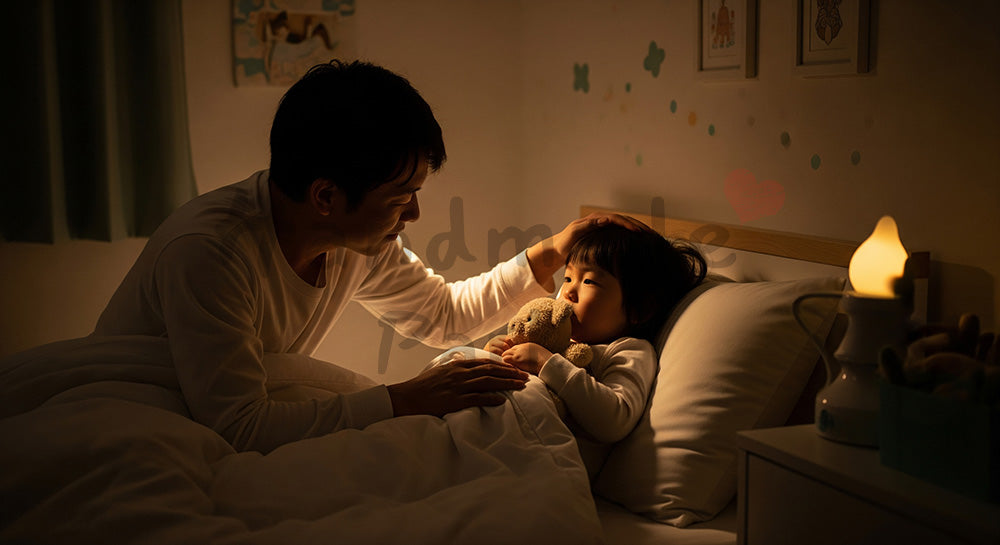 フリー素材 無料 写真｜子ども部屋で幼児をやさしく寝かしつける日本人親のナイトタイムシーン 写真背景
